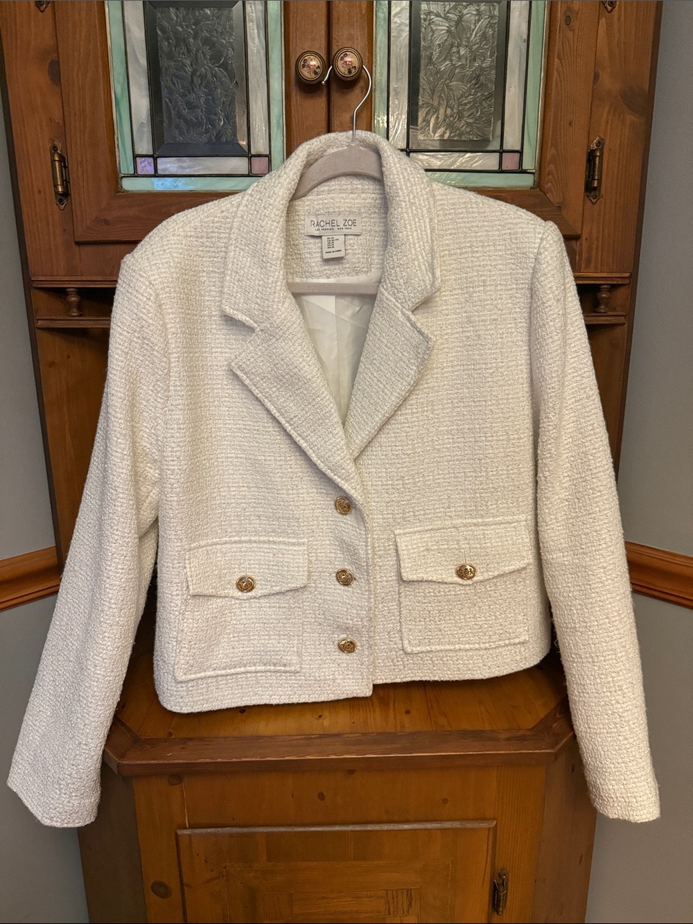 Rachel Zoe Cream White Textured Tweed Blazer Jacket Gold Buttons XL